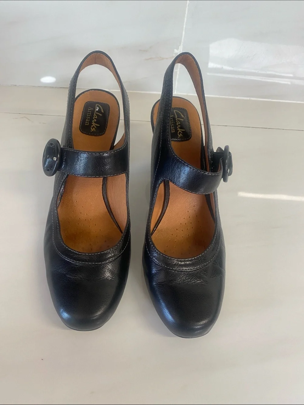 CLARKS  Black Leather Slingback Mary Jane Heels with Button Strap